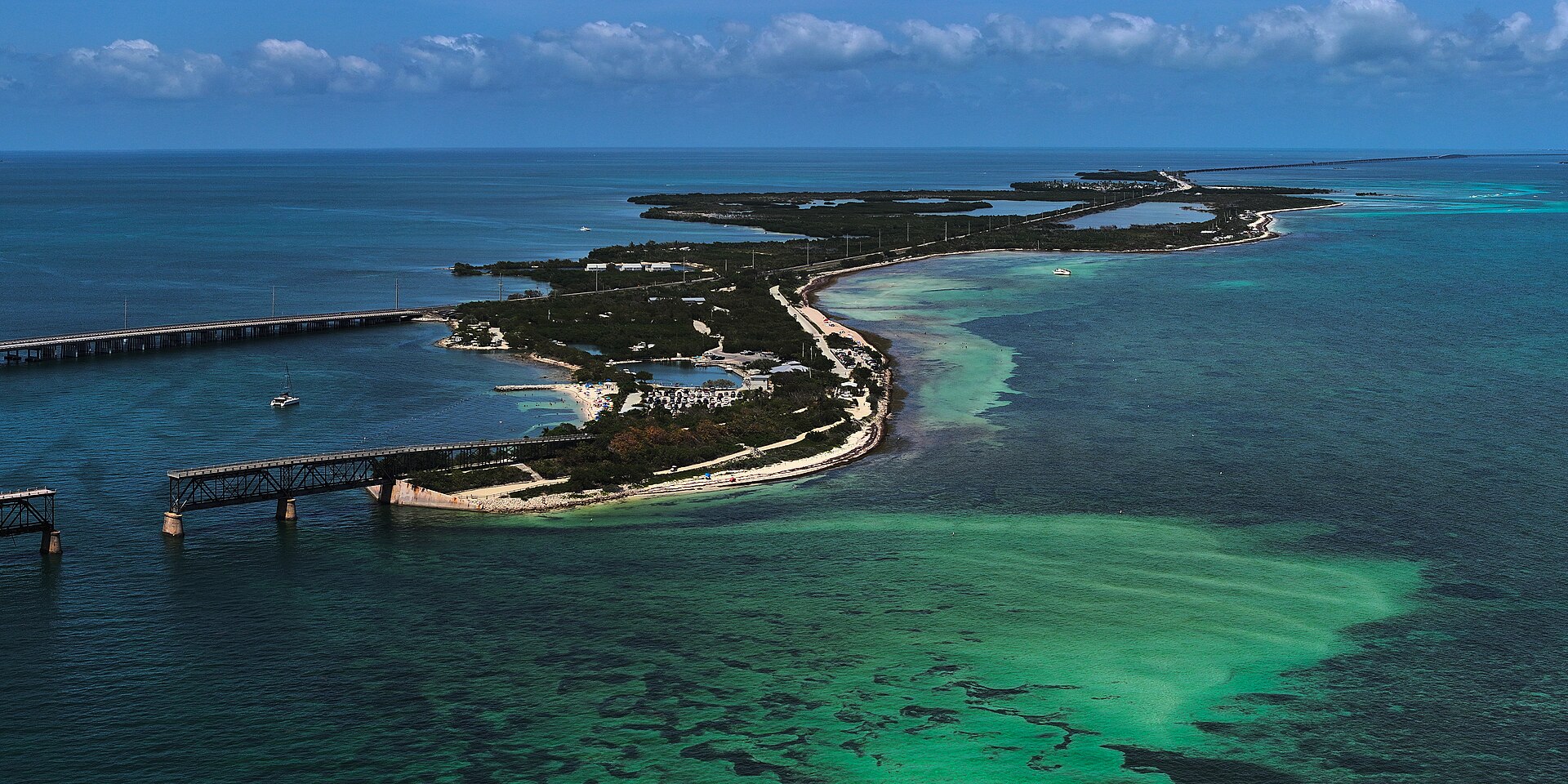 Aerial view of turquoise water, beaches and the bridge at Bahia Honda Key.