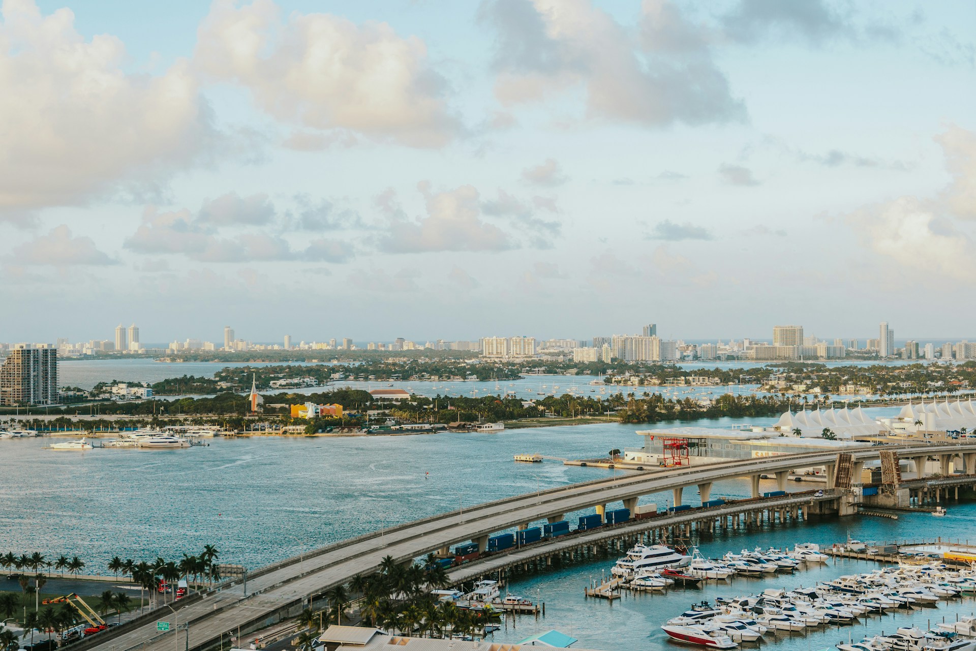 Boats and Miami's skyline across Biscayne Bay