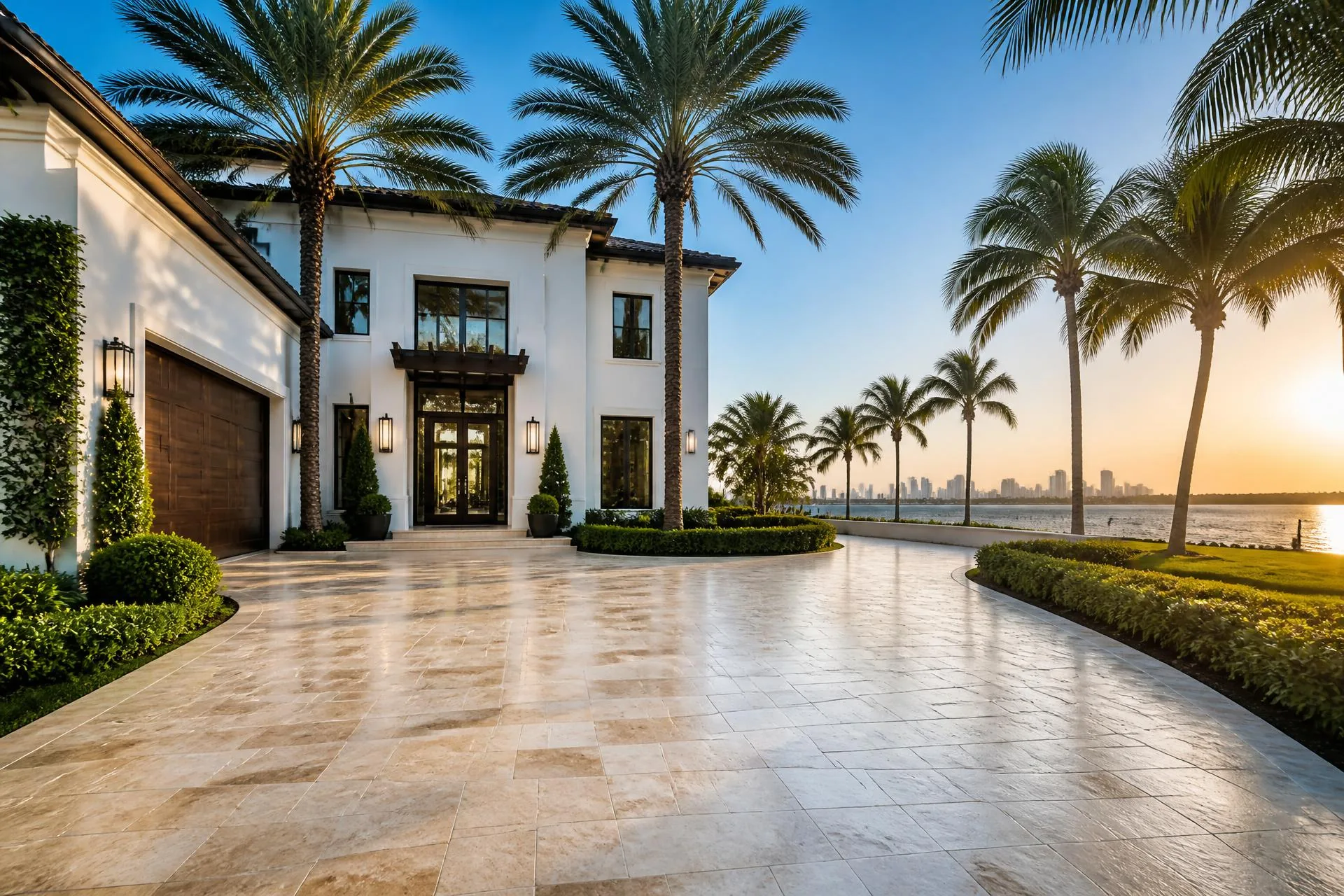 A clean Miami waterfront home and polished stone driveway.